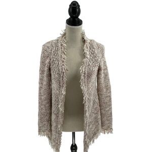 Zara Knit Cream and Burgundy Open Front Fringe Cardigan Sweater